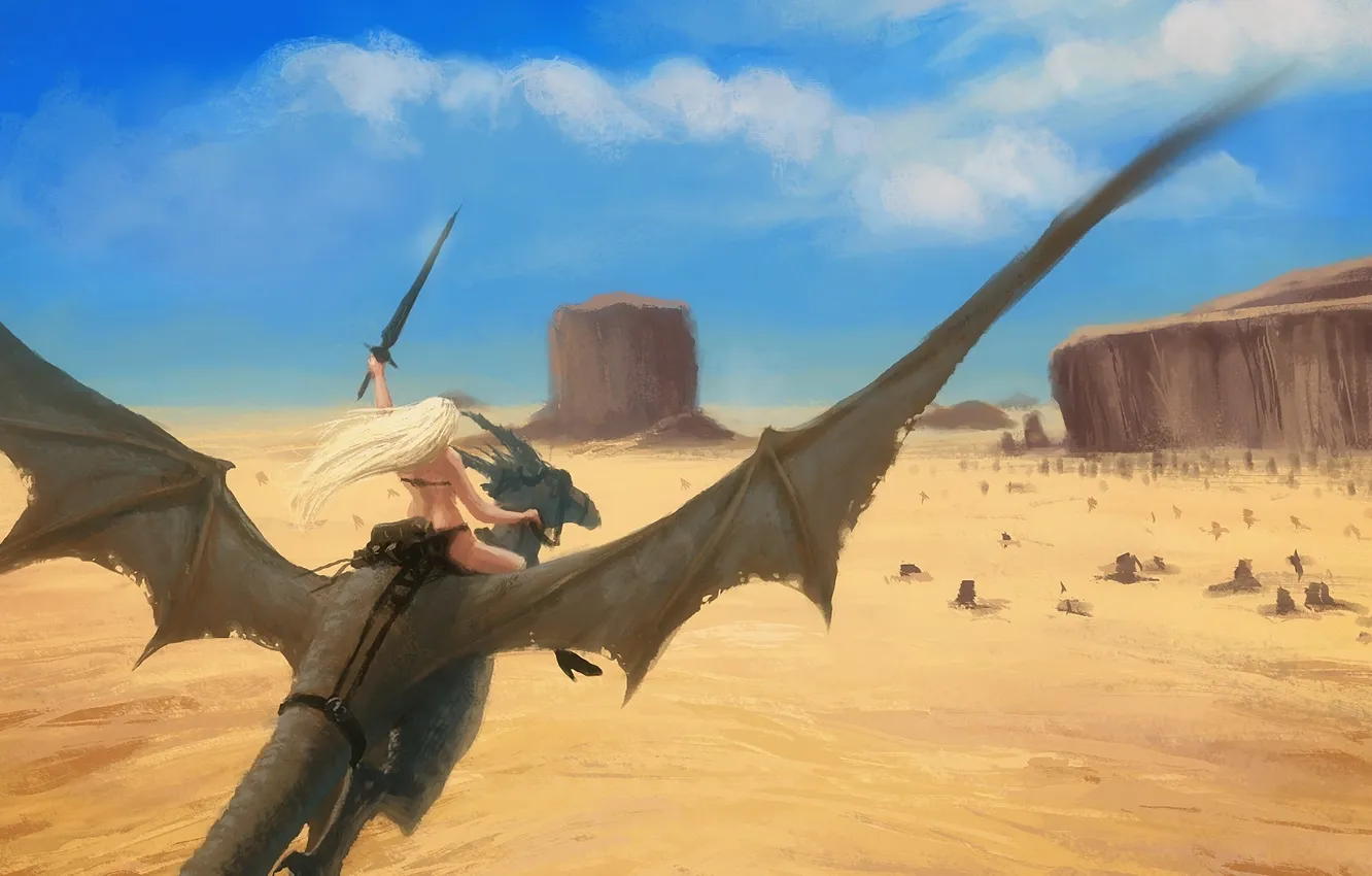 Фото обои песок, девушка, полет, пустыня, дракон, меч, арт