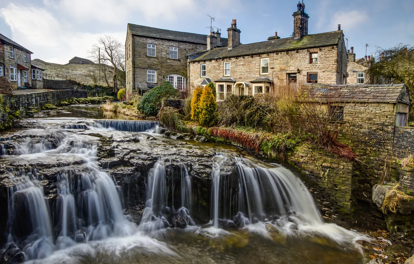 Фото обои река, Англия, дома, поток, пороги, England, Йоркшир, North Yorkshire