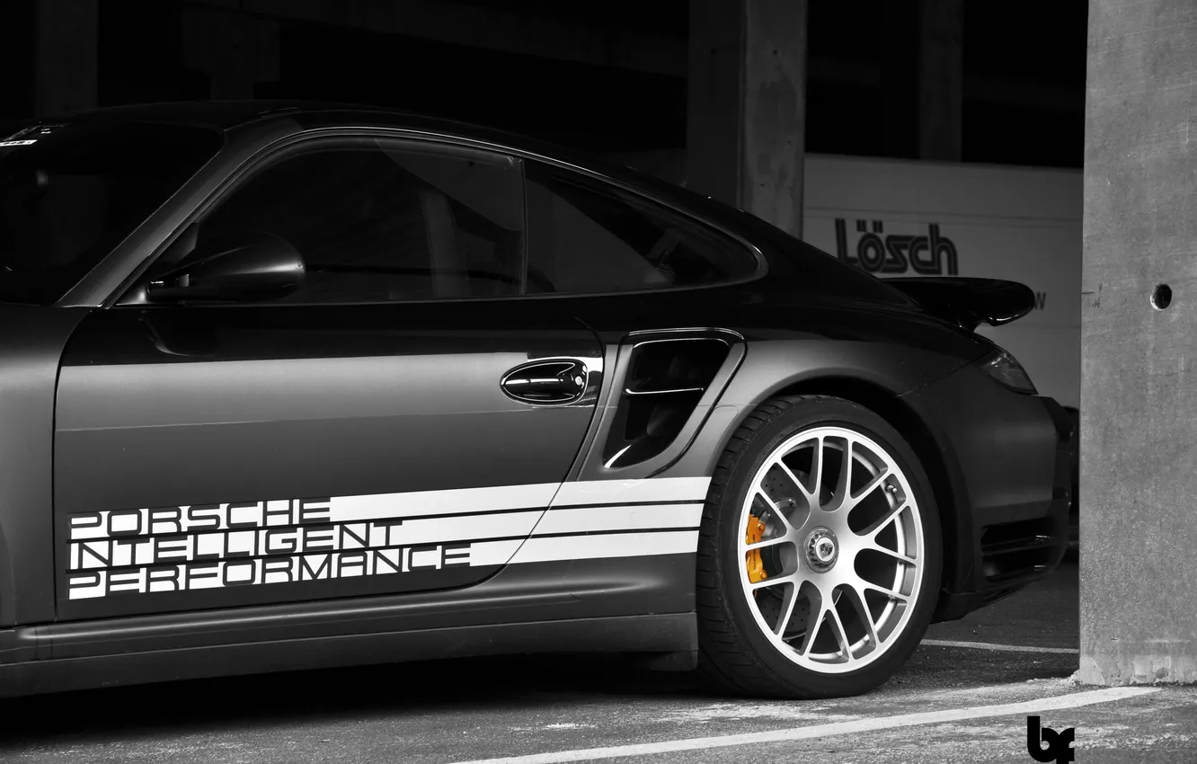 Фото обои надпись, 911, Porsche, ч/б, диски, порше, Turbo, чёрнобелое