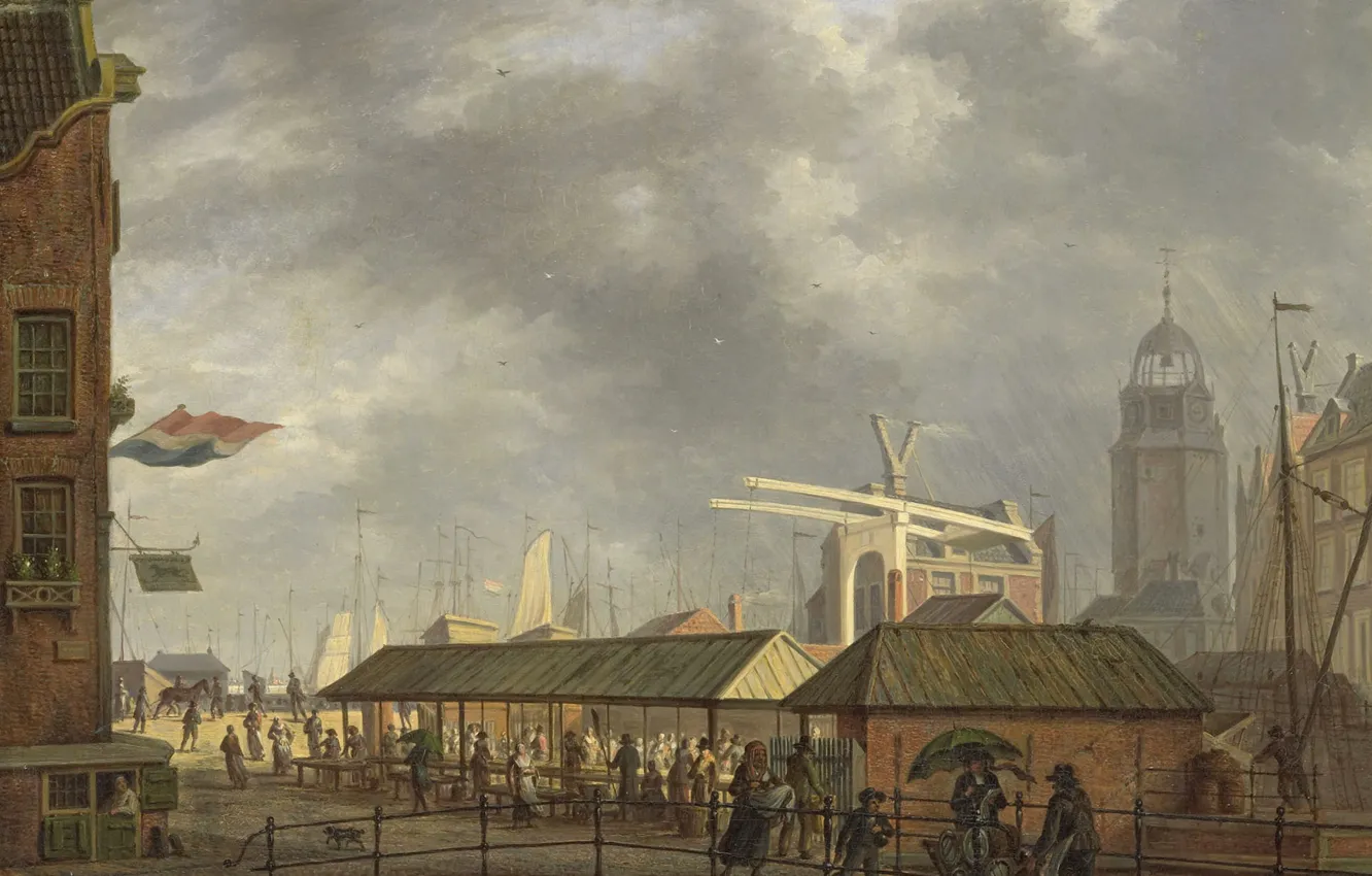 Фото обои картина, городской пейзаж, Johannes Jelgerhuis, Небольшой Рыбный Рынок в Амстердаме
