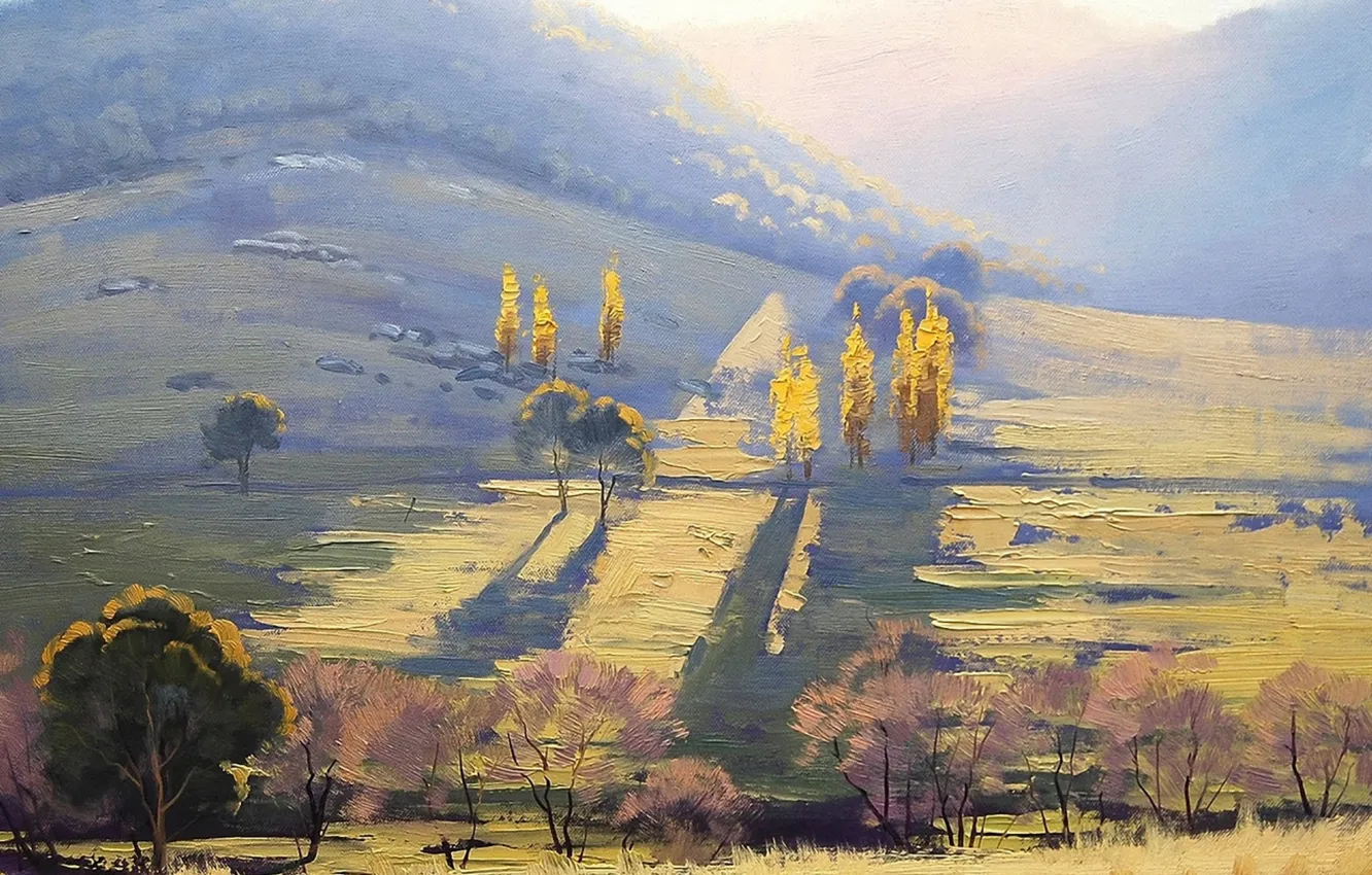 Фото обои солнце, горы, луг, живопись