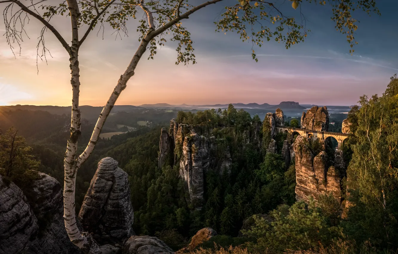 Фото обои солнце, лучи, пейзаж, горы, мост, природа, дерево, скалы