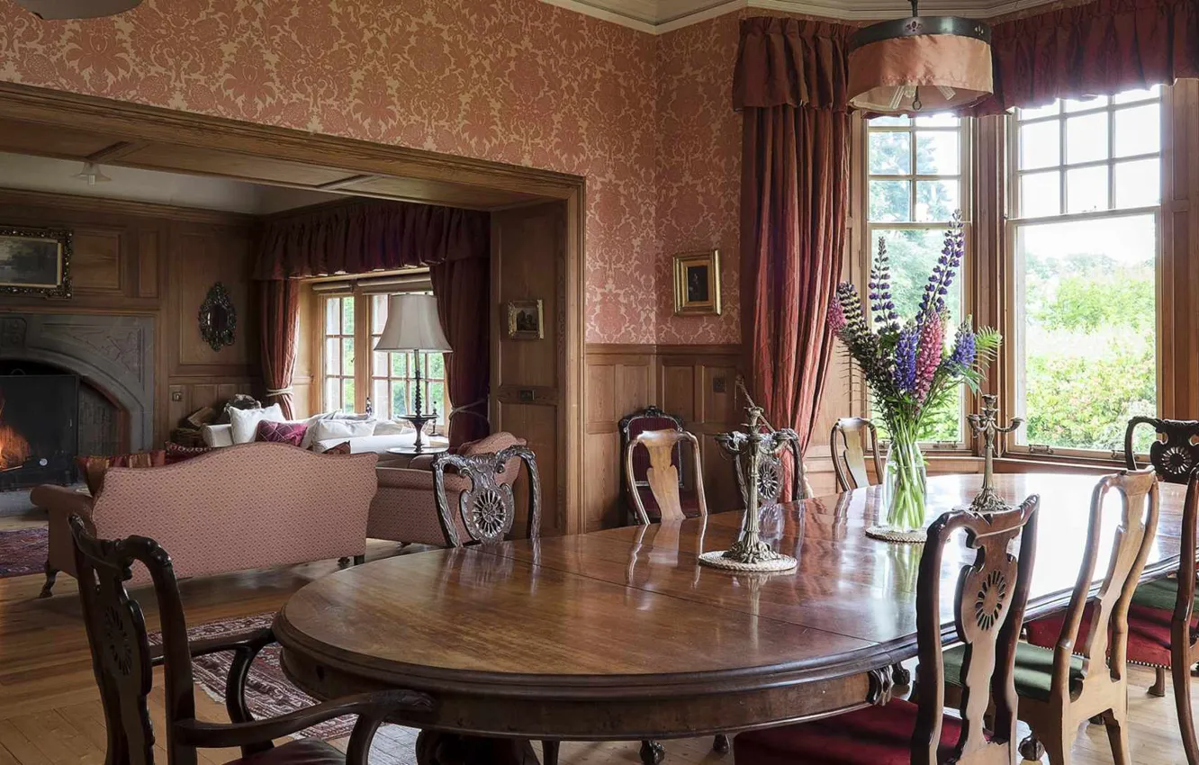 Фото обои интерьер, камин, классика, гостиная, столовая, английский стиль, Perthshire, Jordanstone House