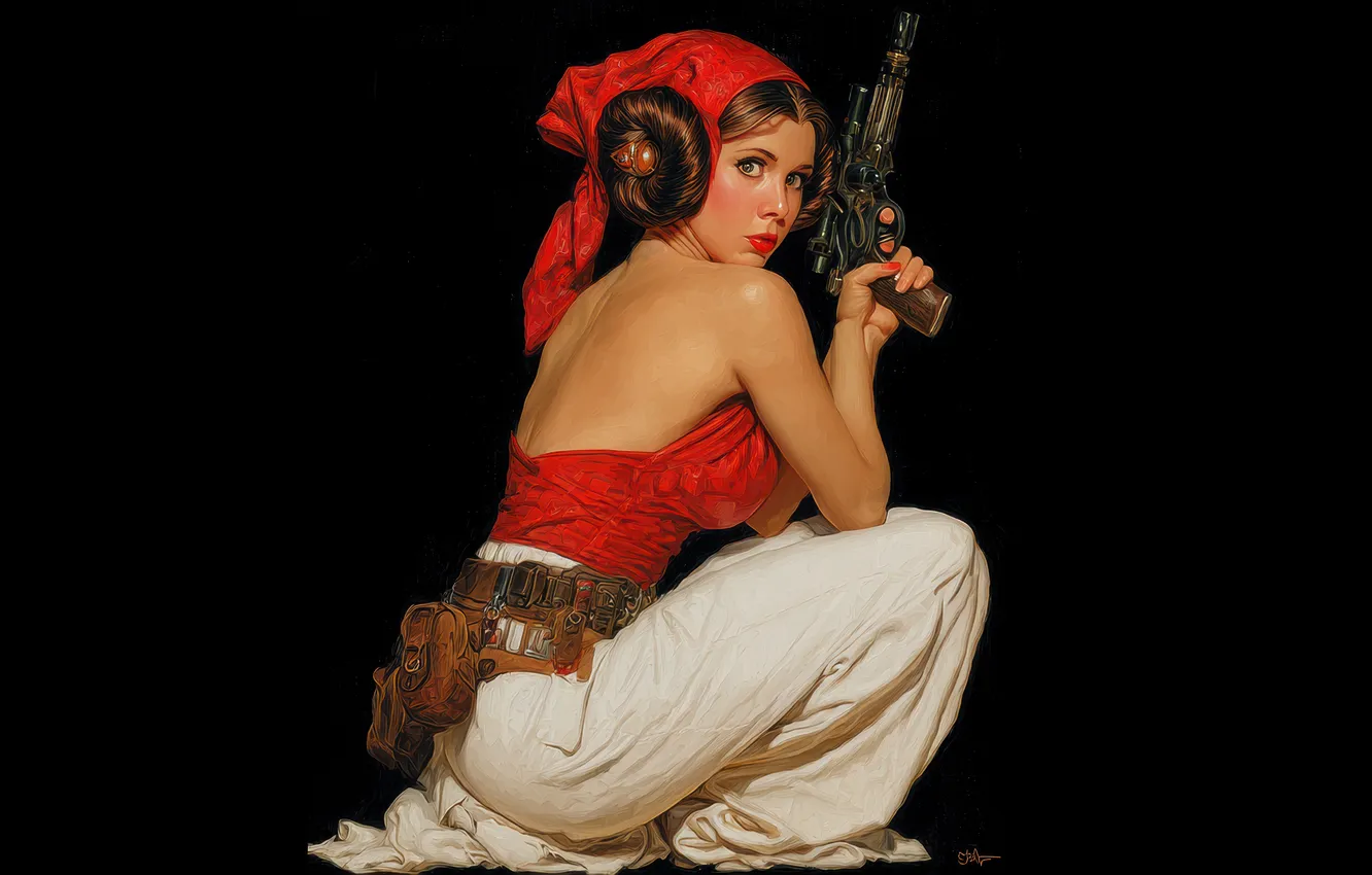 Фото обои gun, women, girls with guns, illustration, bare shoulders, Leia Organa, looking at viewer, pinup models