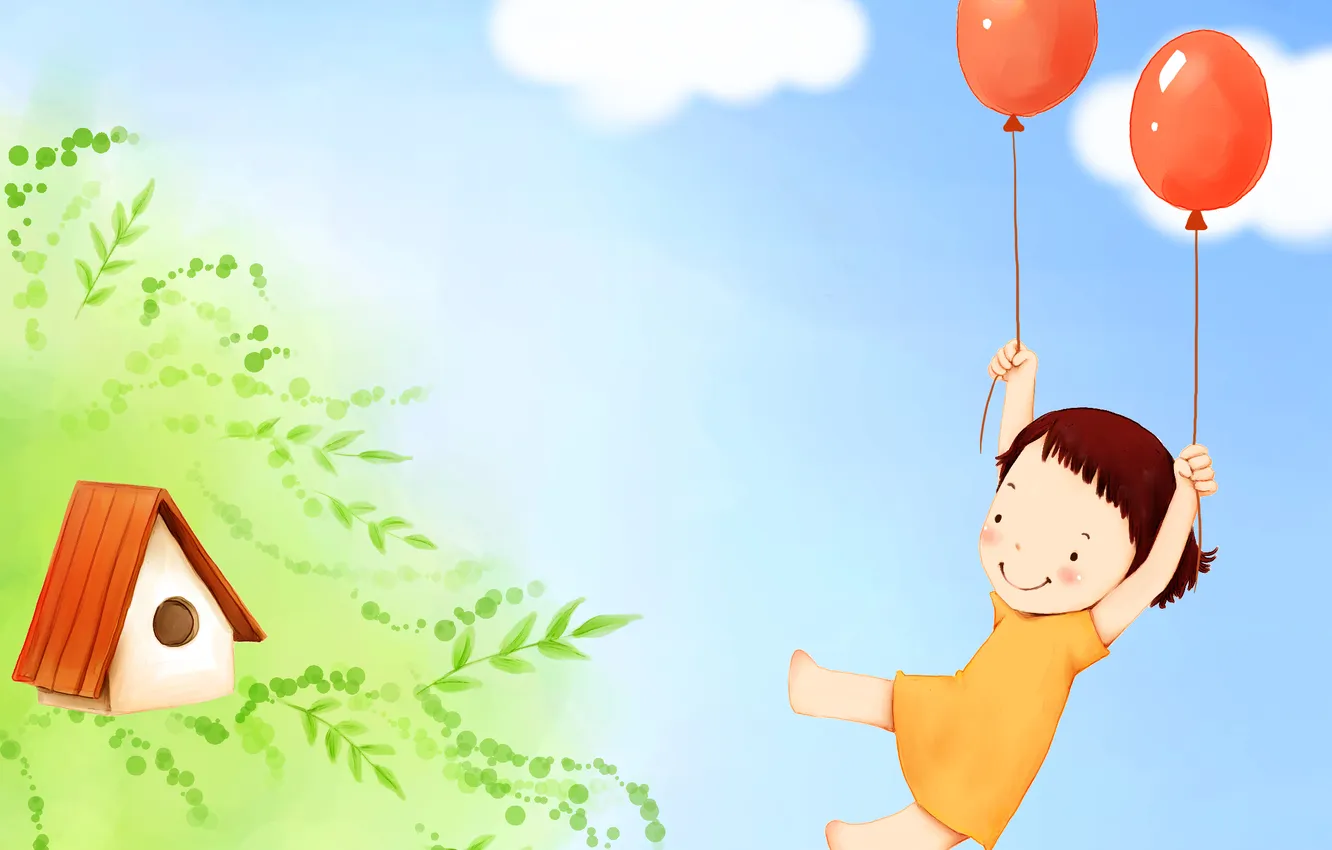 Фото обои листья, облака, ветки, улыбка, воздушные шары, фантазия, платье, девочка