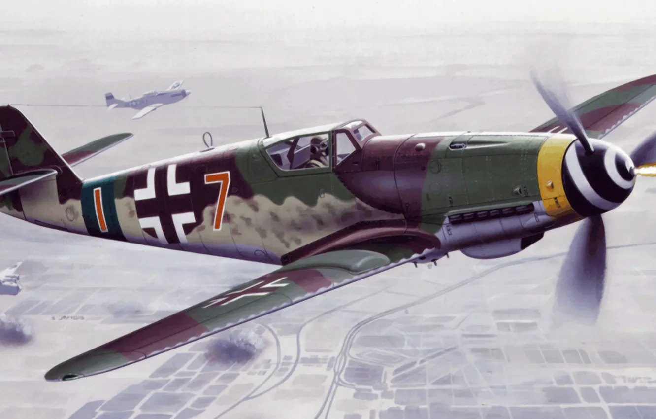Фото обои war, art, painting, aviation, ww2, german fighter, Bf 109 K4