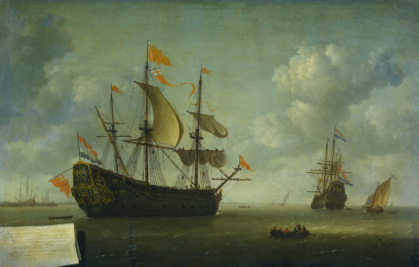Фото обои лодка, картина, парус, морской пейзаж, Захват Английского Флагманского Корабля, Jeronymus van Diest II