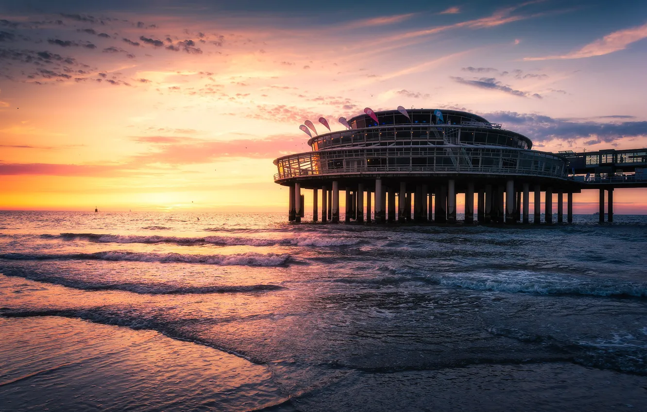 Фото обои море, берег, пирс, зарево, Нидерланды, Scheveningen Pier