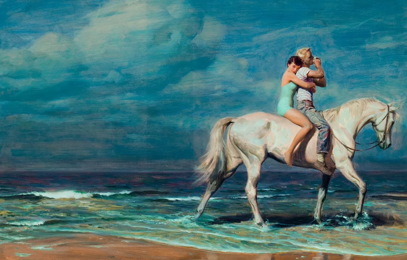 Фото обои море, конь, арт, двое