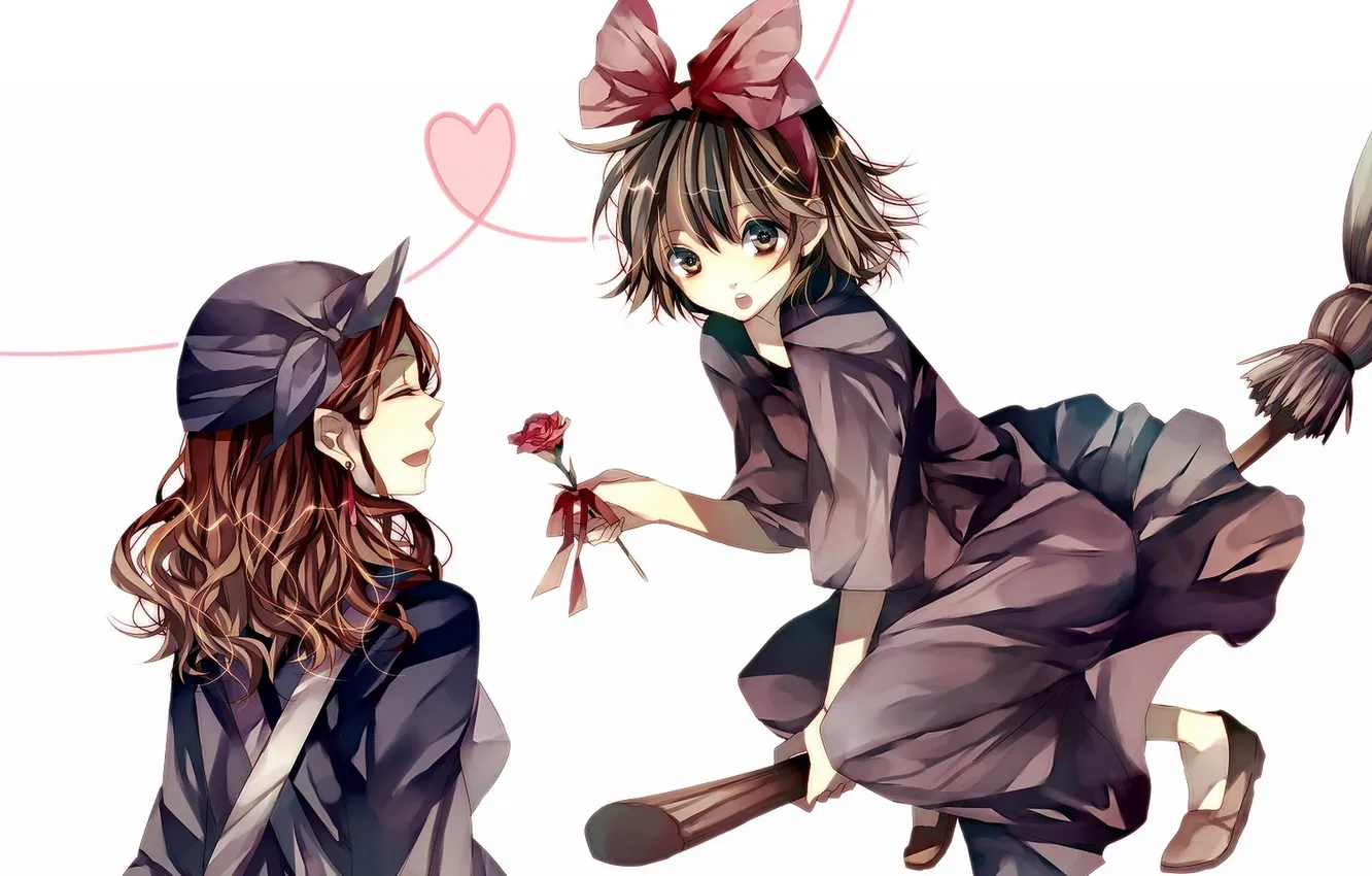 Фото обои цветок, девушки, роза, аниме, арт, ведьма, метла, бант