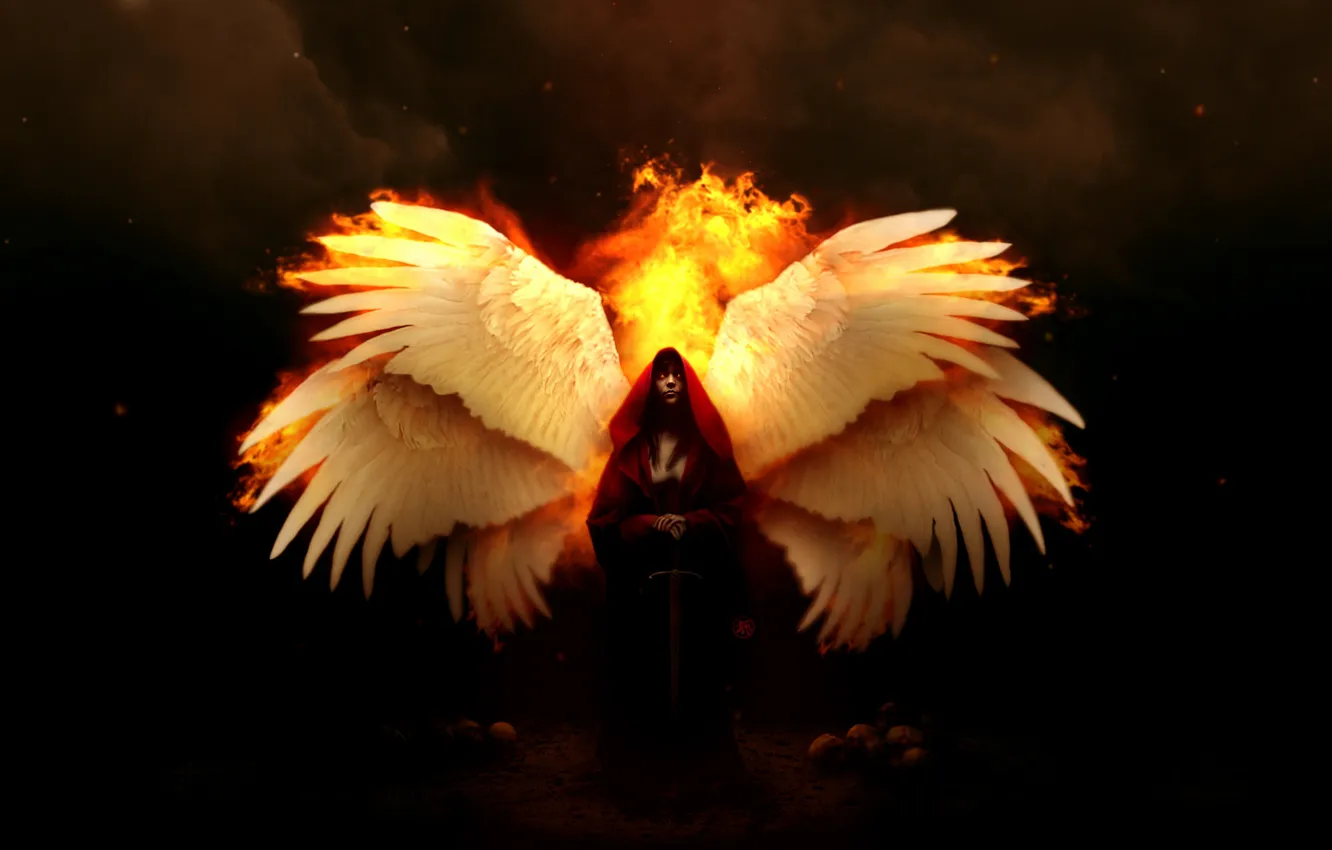 Фото обои тьма, пламя, Девушка, крылья, фотоманипуляция, серафим