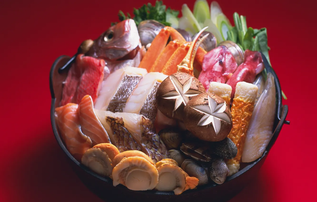 Фото обои зелень, грибы, рыба, Япония, Japan, раковины, mushroom, fish