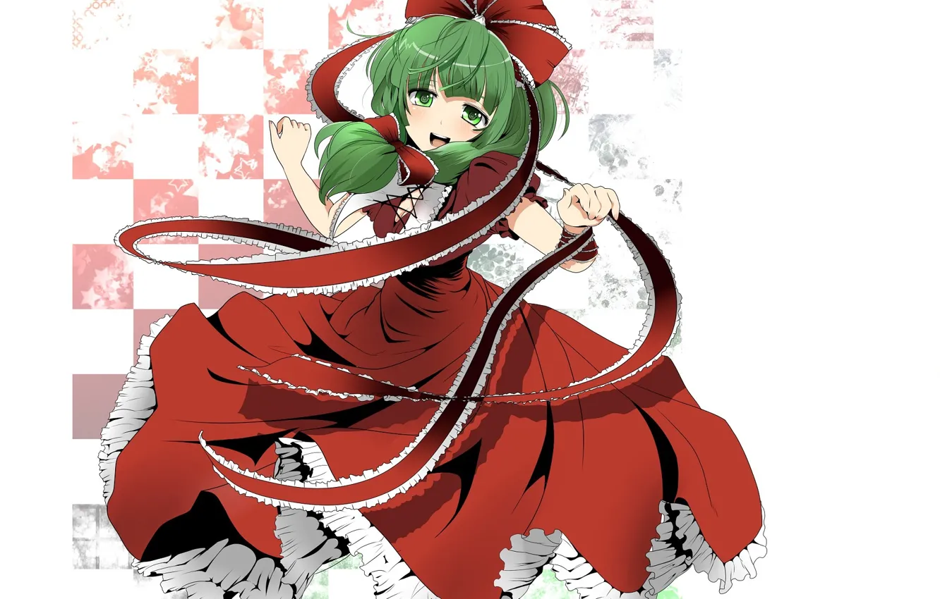 Фото обои танец, лента, бант, красное платье, зеленые волосы, зеленые глаза, оборки, Kagiyama Hina