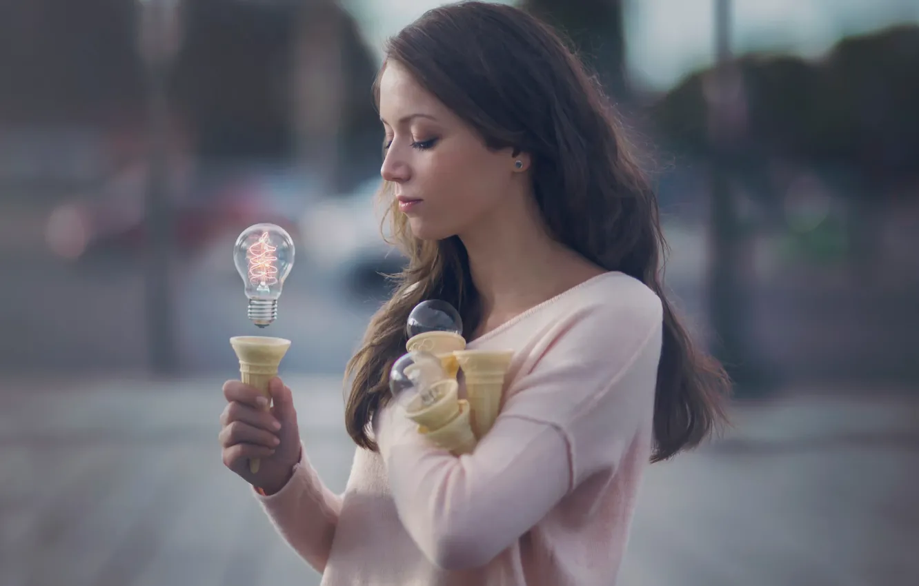 Фото обои лампочка, девушка, фантазия, арт, сила мысли