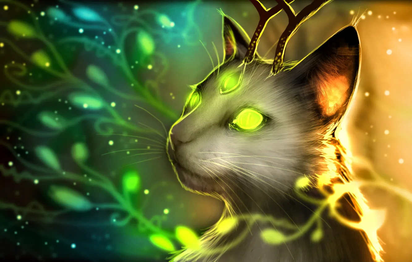 Фото обои рога, horns, fantasy art, светящиеся глаза, glowing eyes, fantastic creature, фэнтези арт, волшебный кот