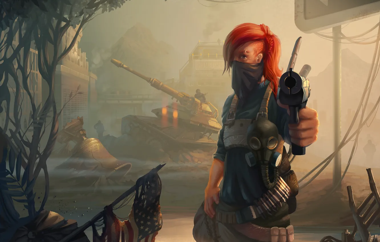Фото обои девушка, пистолет, арт, танк, рыжая, Homefront: The Revolution