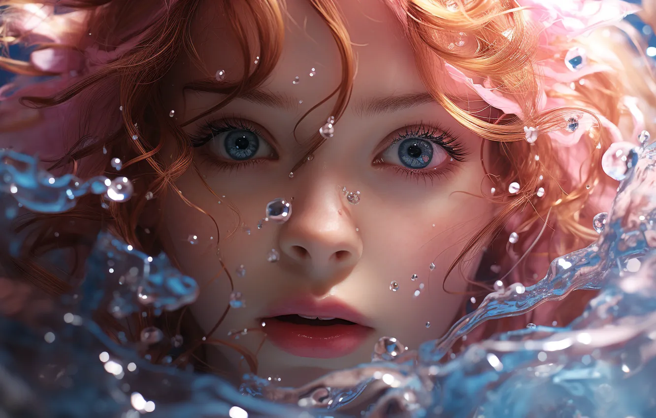 Фото обои вода, девушка, лицо, образ, цифровое искусство, ИИ-арт, нейросеть, искусство искусственного интеллекта