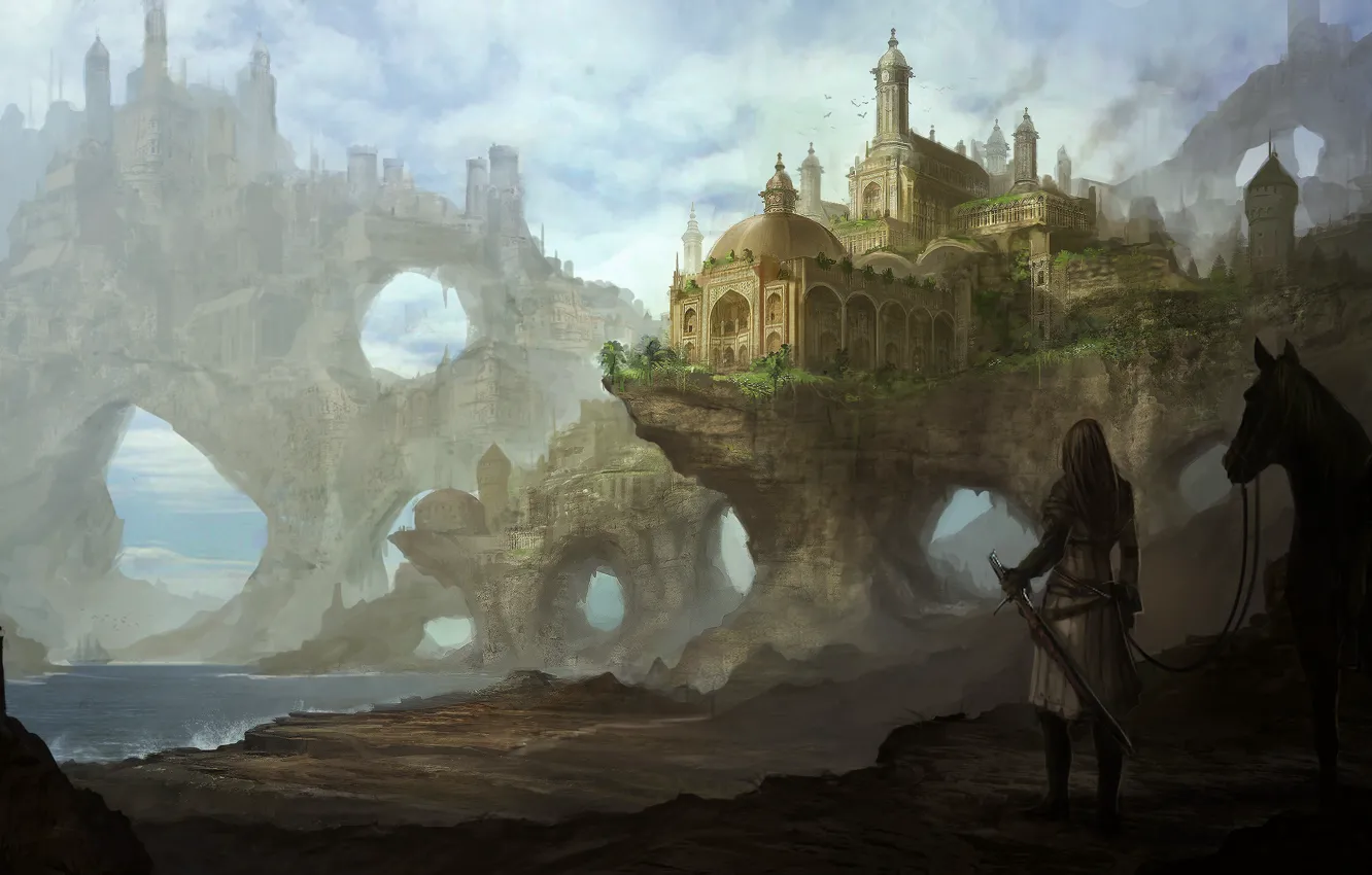 Фото обои море, девушка, озеро, замок, скалы, конь, лошадь, меч