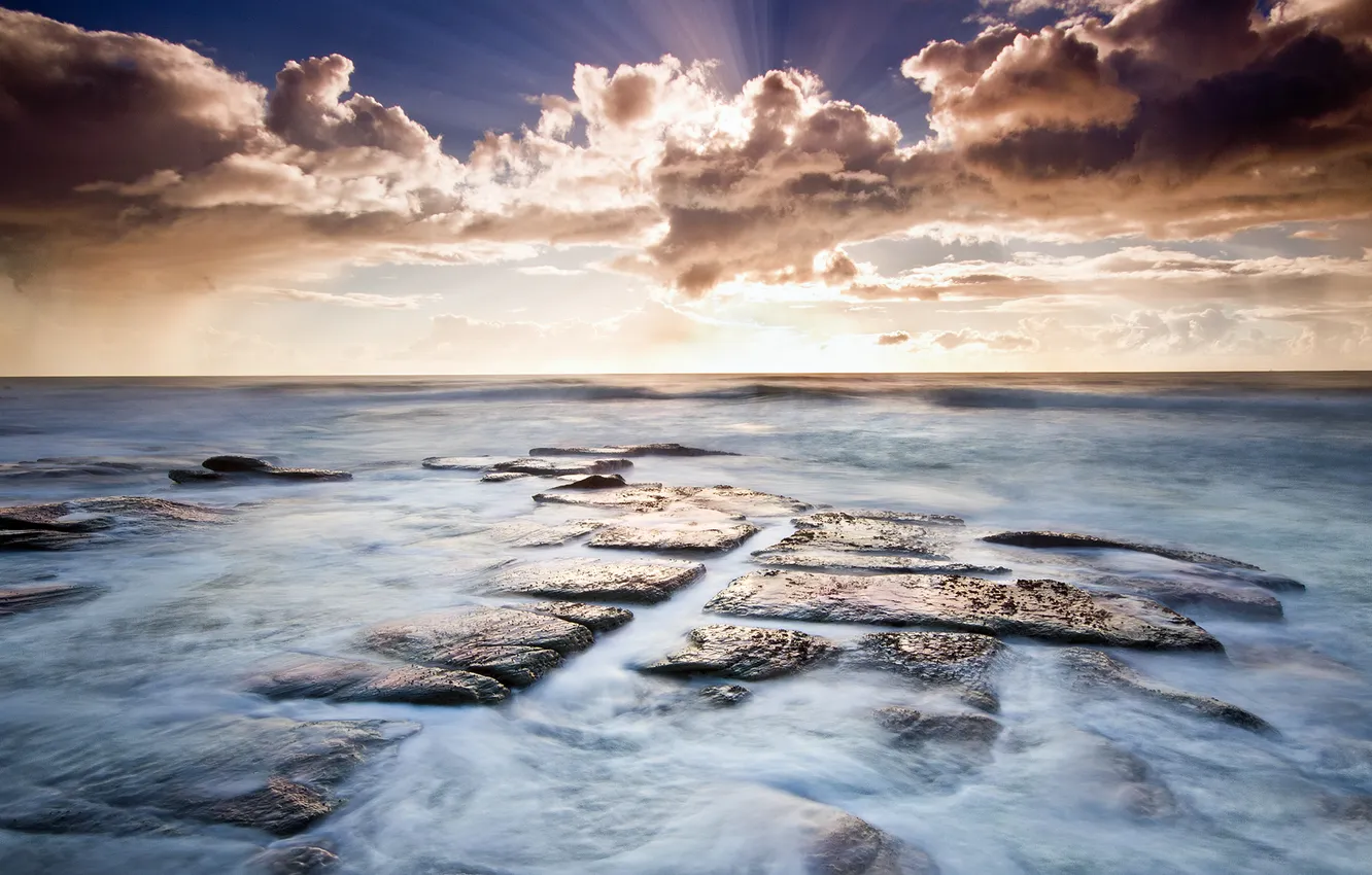 Фото обои вода, солнце, облака, закат, туман, камни, берег, Австралия
