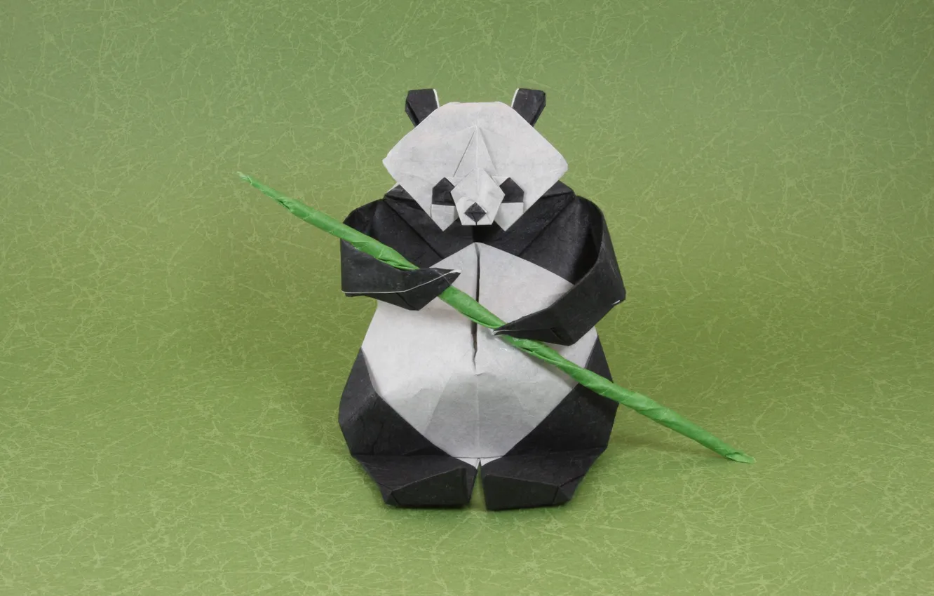 Фото обои зеленый, green, ветка, бамбук, панда, оригами, bamboo, origami