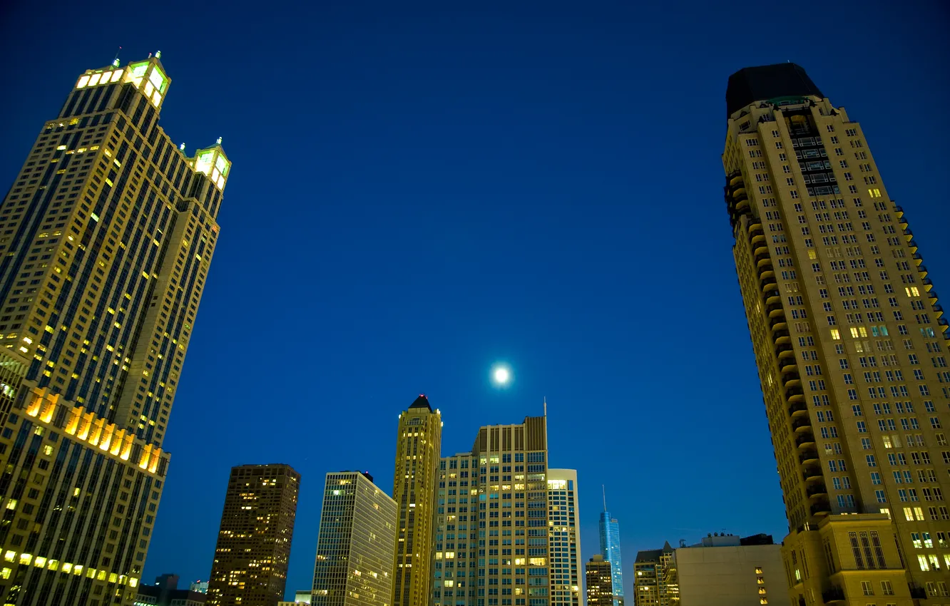 Фото обои ночь, город, небоскребы, Чикаго, США, штат Иллиноис
