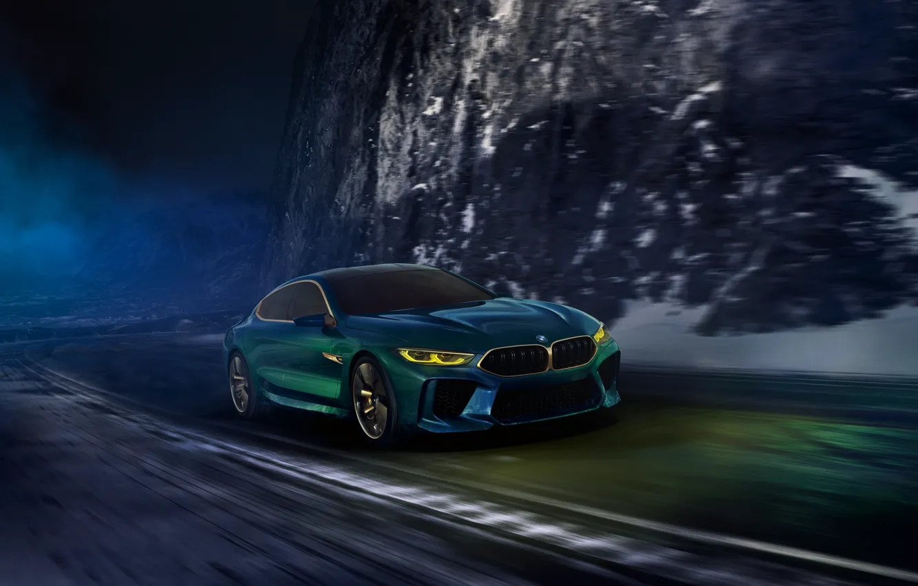 Фото обои дорога, ночь, движение, купе, BMW, 2018, M8 Gran Coupe Concept