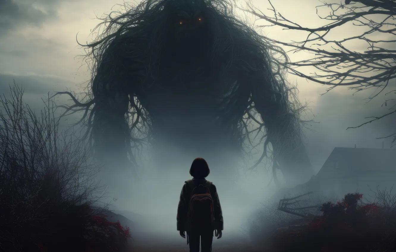 Фото обои монстр, девочка, цифровое искусство, Сверхъестественные Существа, ИИ-арт, Искусство искусственного интеллекта, НЕЙРОСЕТЬ