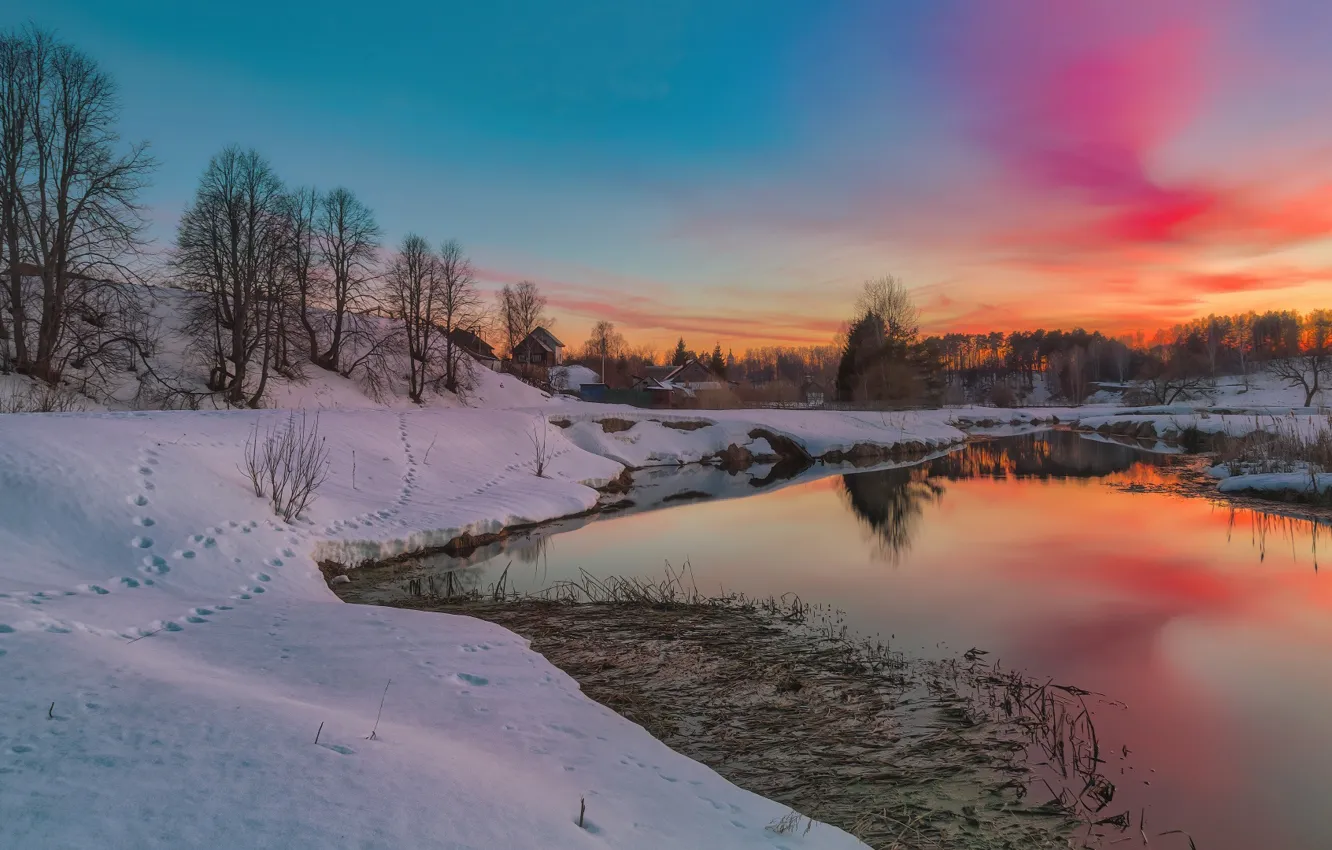 Фото обои снег, пейзаж, закат, природа, весна, речушка, Евгений Ерохин