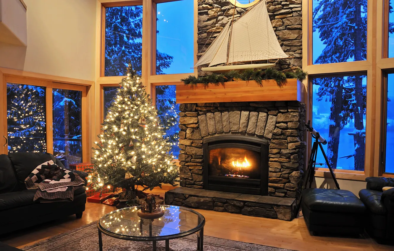 Фото обои снег, деревья, комната, мебель, окна, кожа, труба, парус