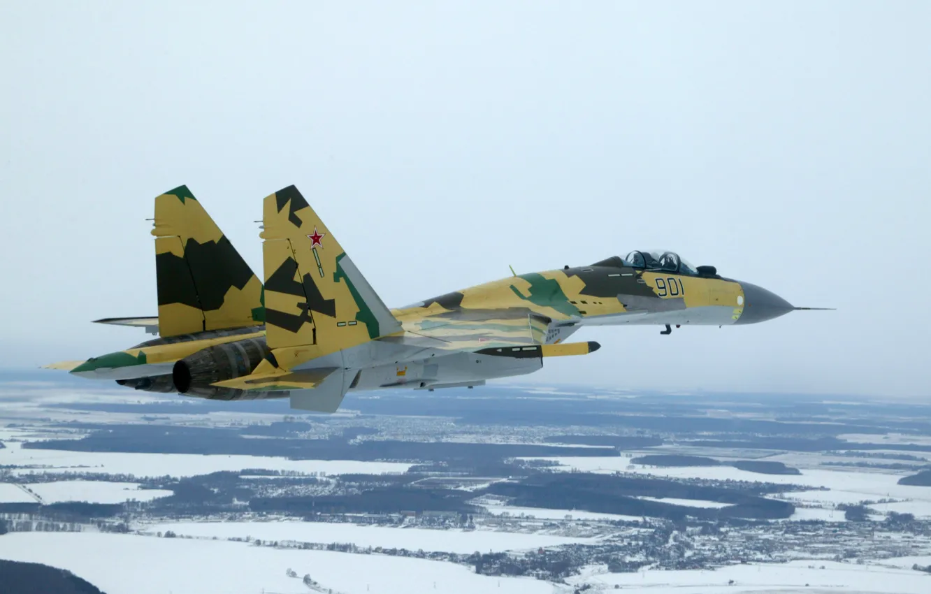 Фото обои зима, снег, полет, Истребитель, красиво, Су-35