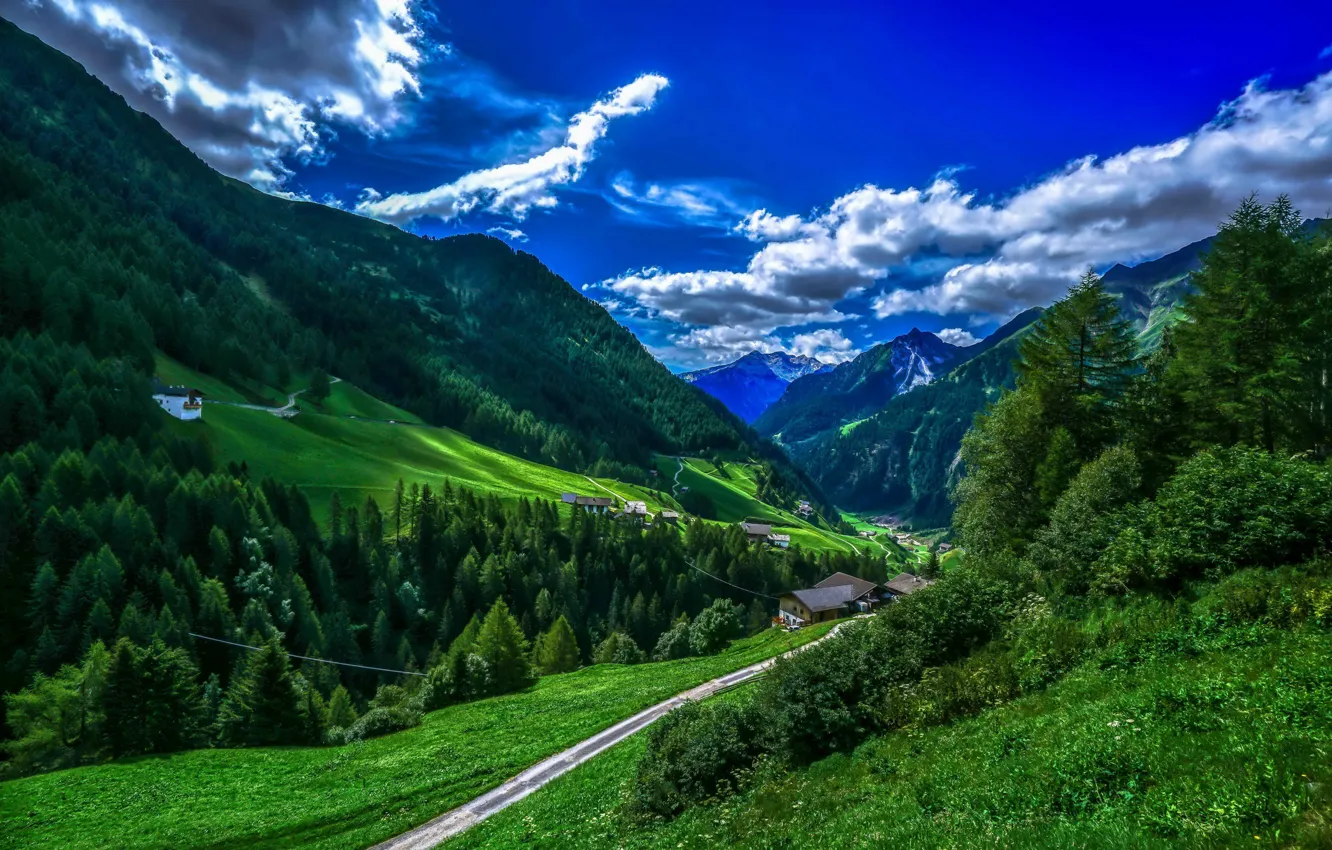 Фото обои зелень, лес, небо, облака, деревья, горы, долина, Италия