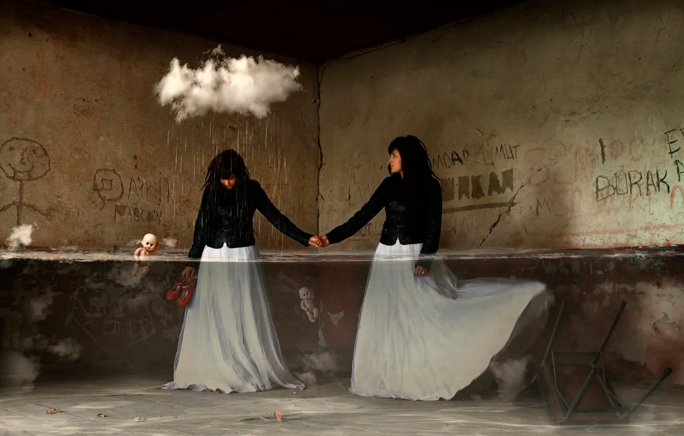 Фото обои вода, девушка, фантазия, комната, дождь, облако, арт
