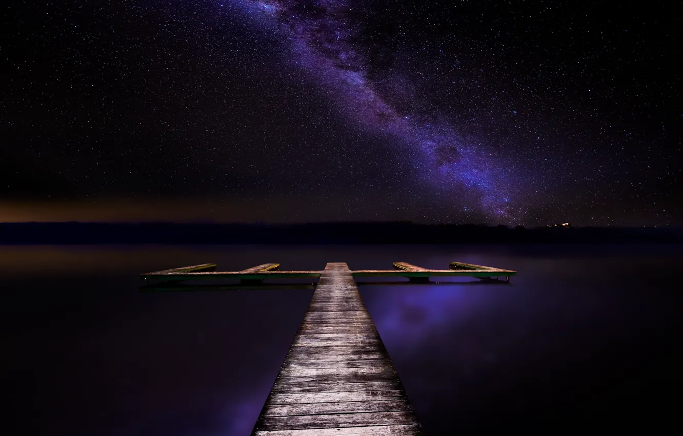 Фото обои звезды, озеро, пирс, Млечный Путь, тайны