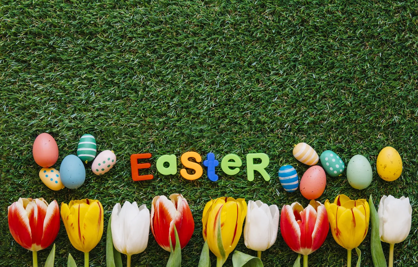Фото обои буквы, яйца, весна, пасха, тюльпаны, Праздник