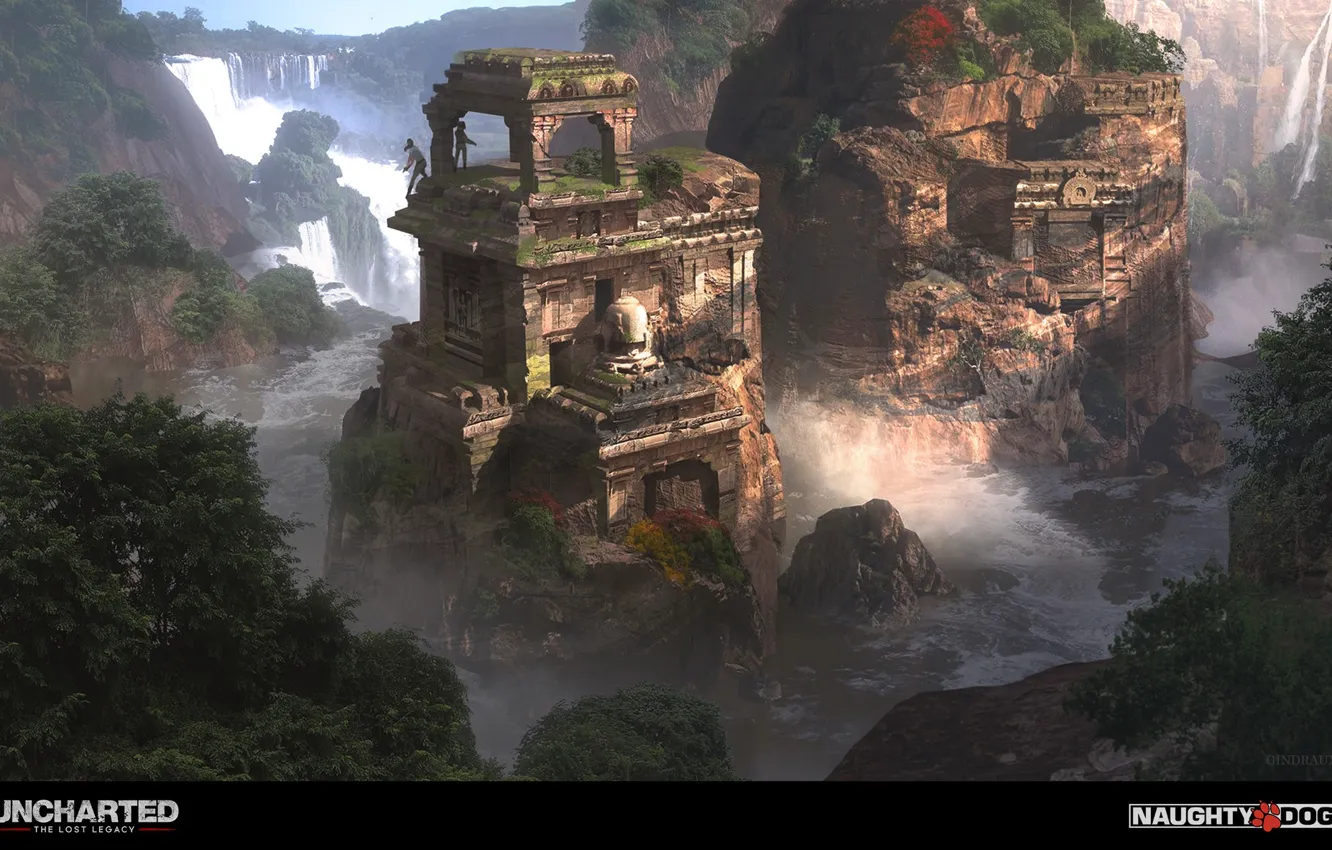 Фото обои горы, водопад, храм, Uncharted 4 The Lost Legacy - Gorge, ganesh combat