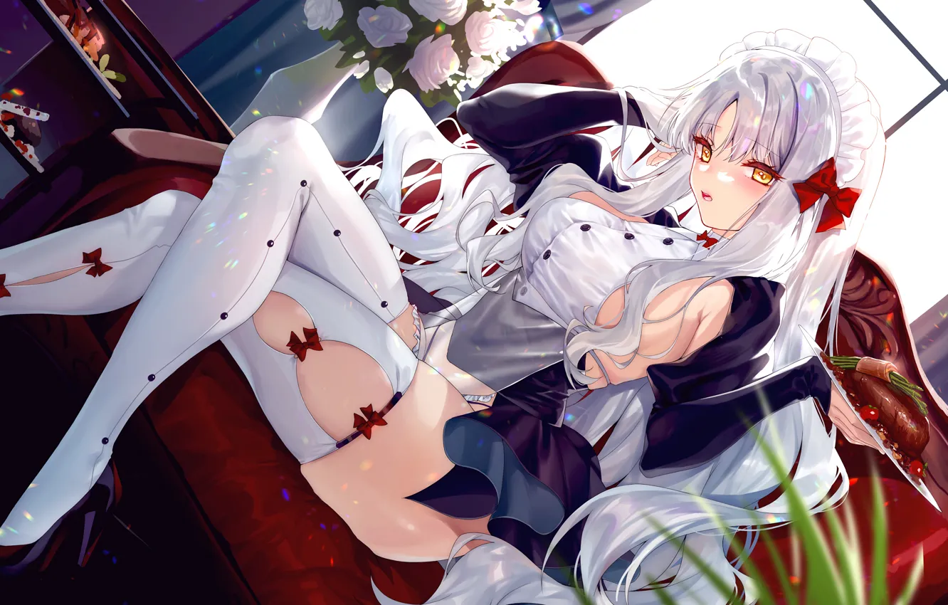 Фото обои girl, sexy, thighhighs, long hair, legs, boobs, anime, beautiful
