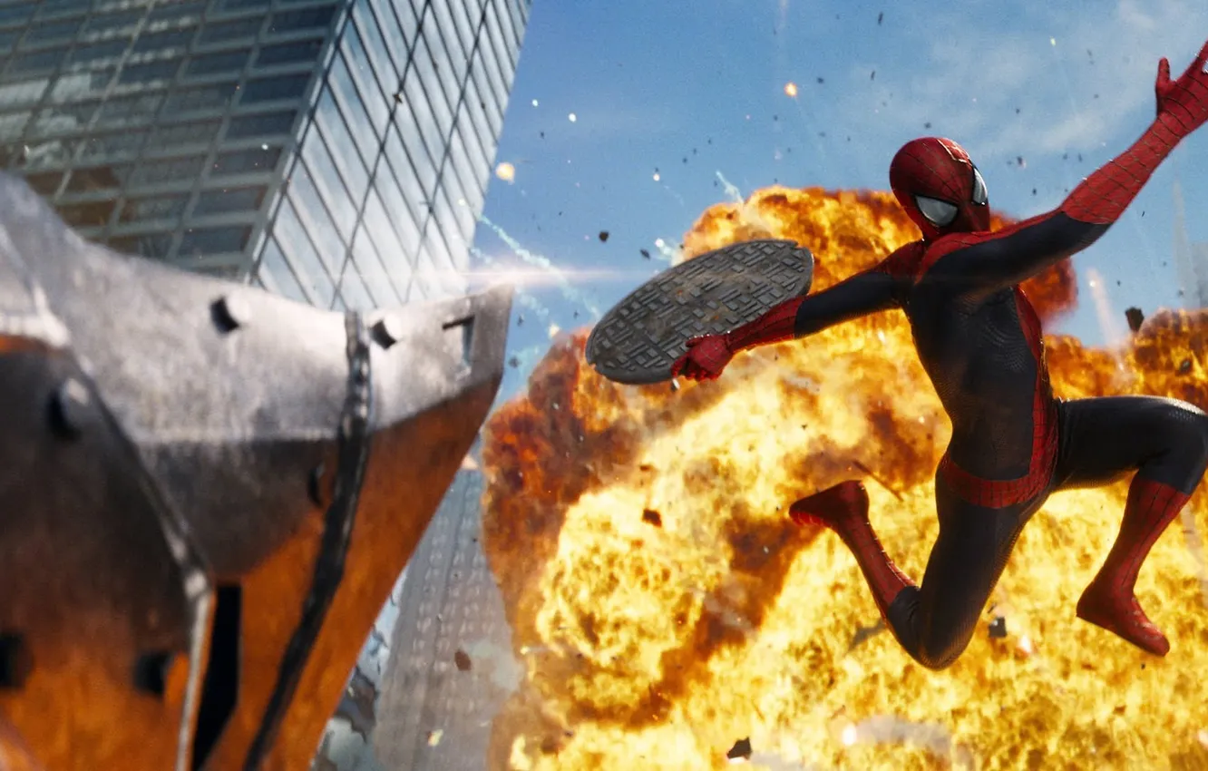 Фото обои rino, fly, fight, spider man, the amazing spider man 2