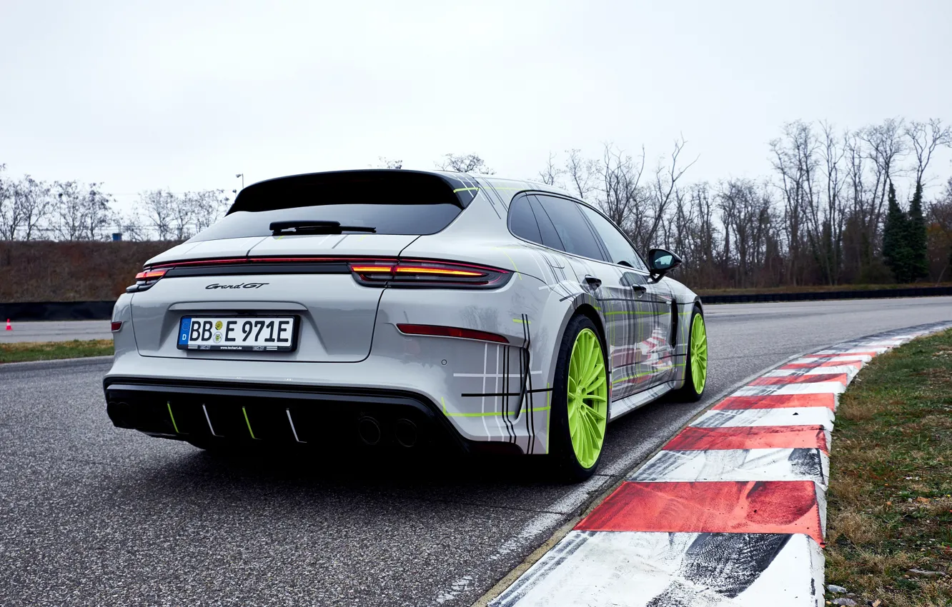 Фото обои Porsche, Panamera, вид сзади, 2018, Turbo S, TechArt, Sport Turismo, E-Hybrid