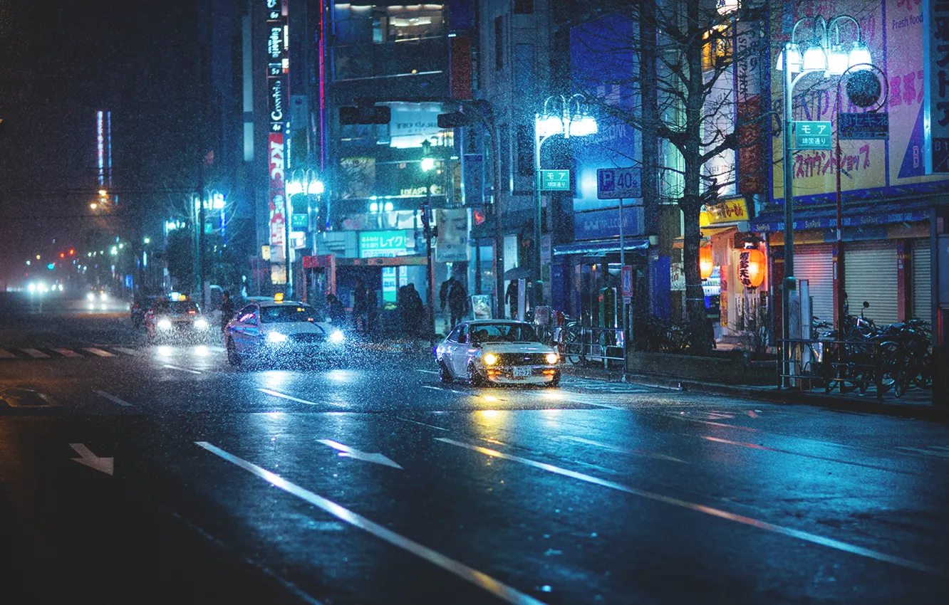 Фото обои дождь, улица, япония, rain, japan, datsun, датсун