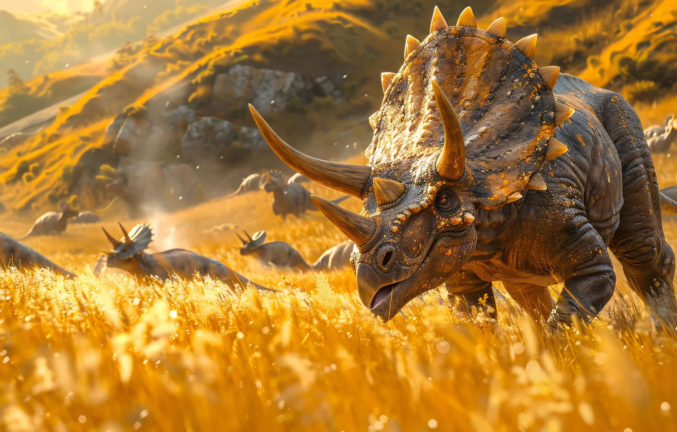 Фото обои Трава, Гора, Рога, Животные, Triceratops, Цифровое искусство, Динозавры, Древние животные