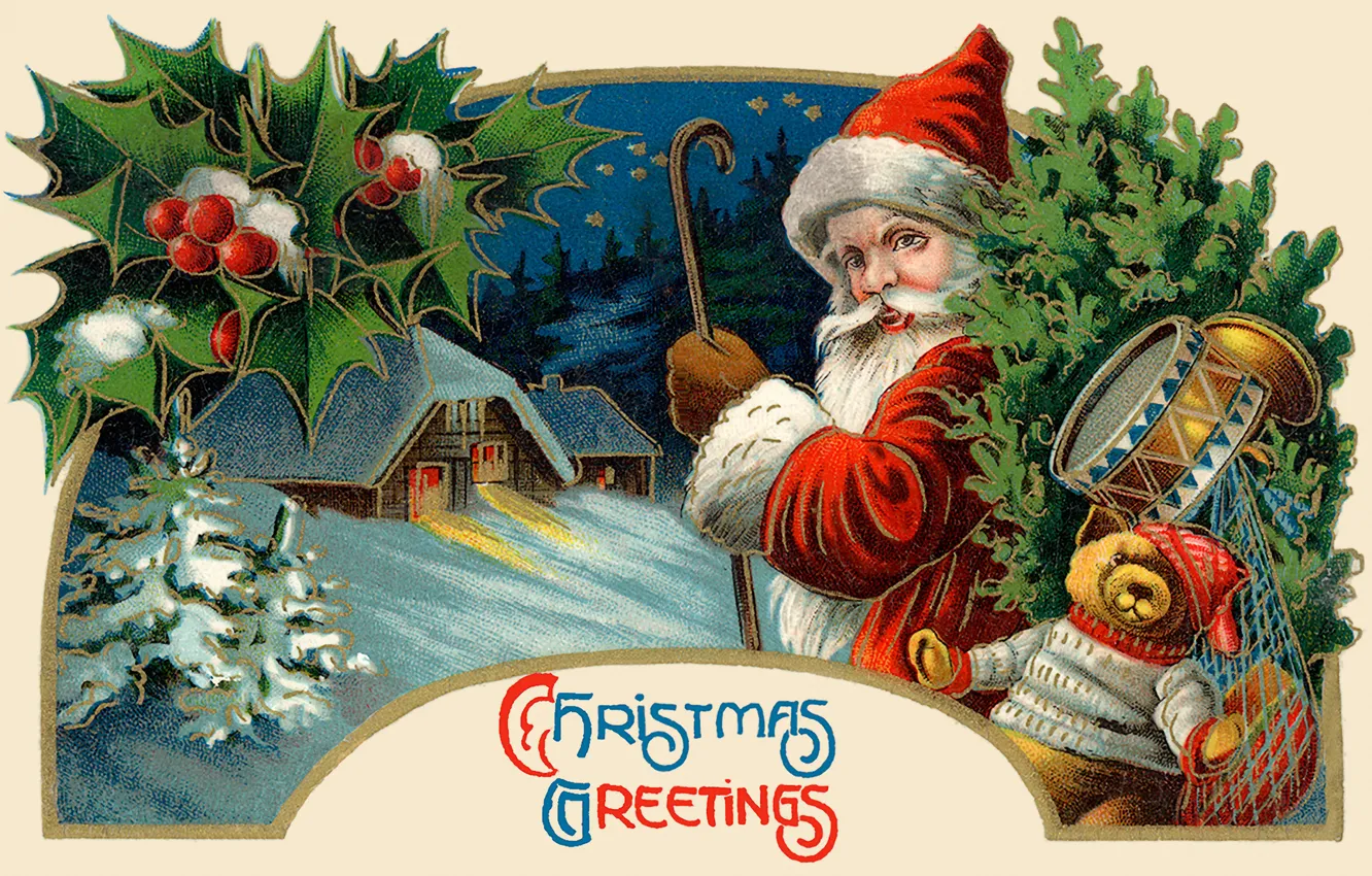 Фото обои зима, игрушки, ёлка, Санта Клаус, Дед Мороз, барабан, открытка, плюшевый мишка