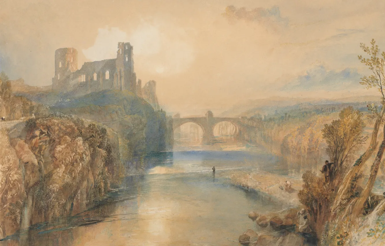 Фото обои пейзаж, мост, река, картина, Уильям Тёрнер, Замок Барнард