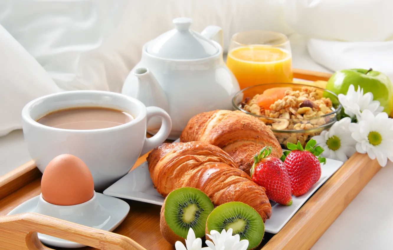 Фото обои кофе, яйца, завтрак, клубника, фрукты, круассан