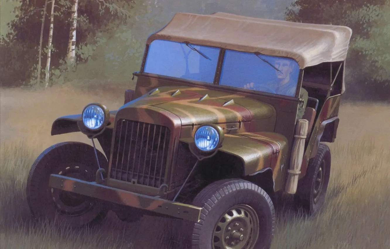 Фото обои машина, лес, трава, рисунок, арт, автомобиль, военный, советский