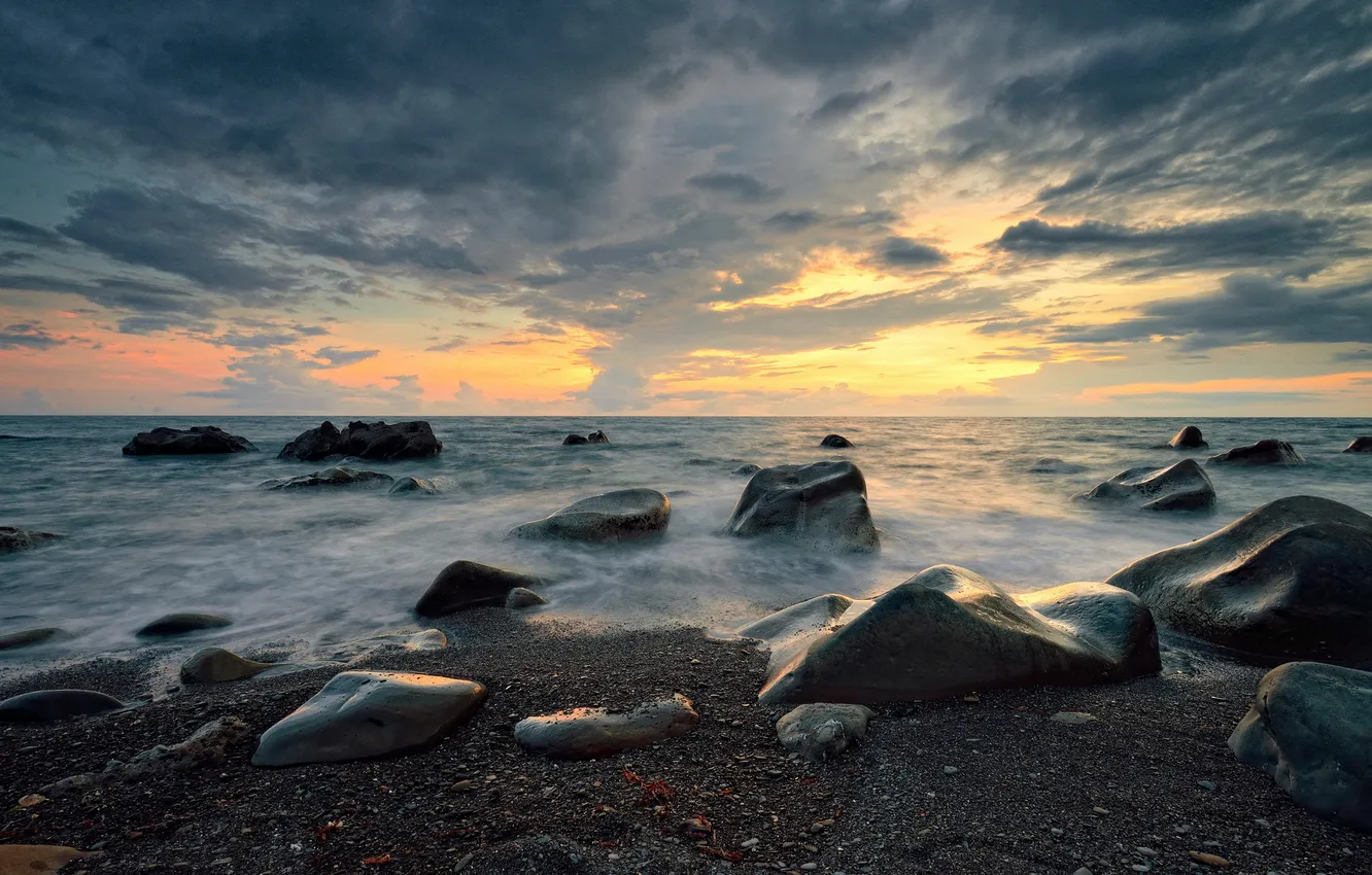 Фото обои море, пейзаж, закат, камни