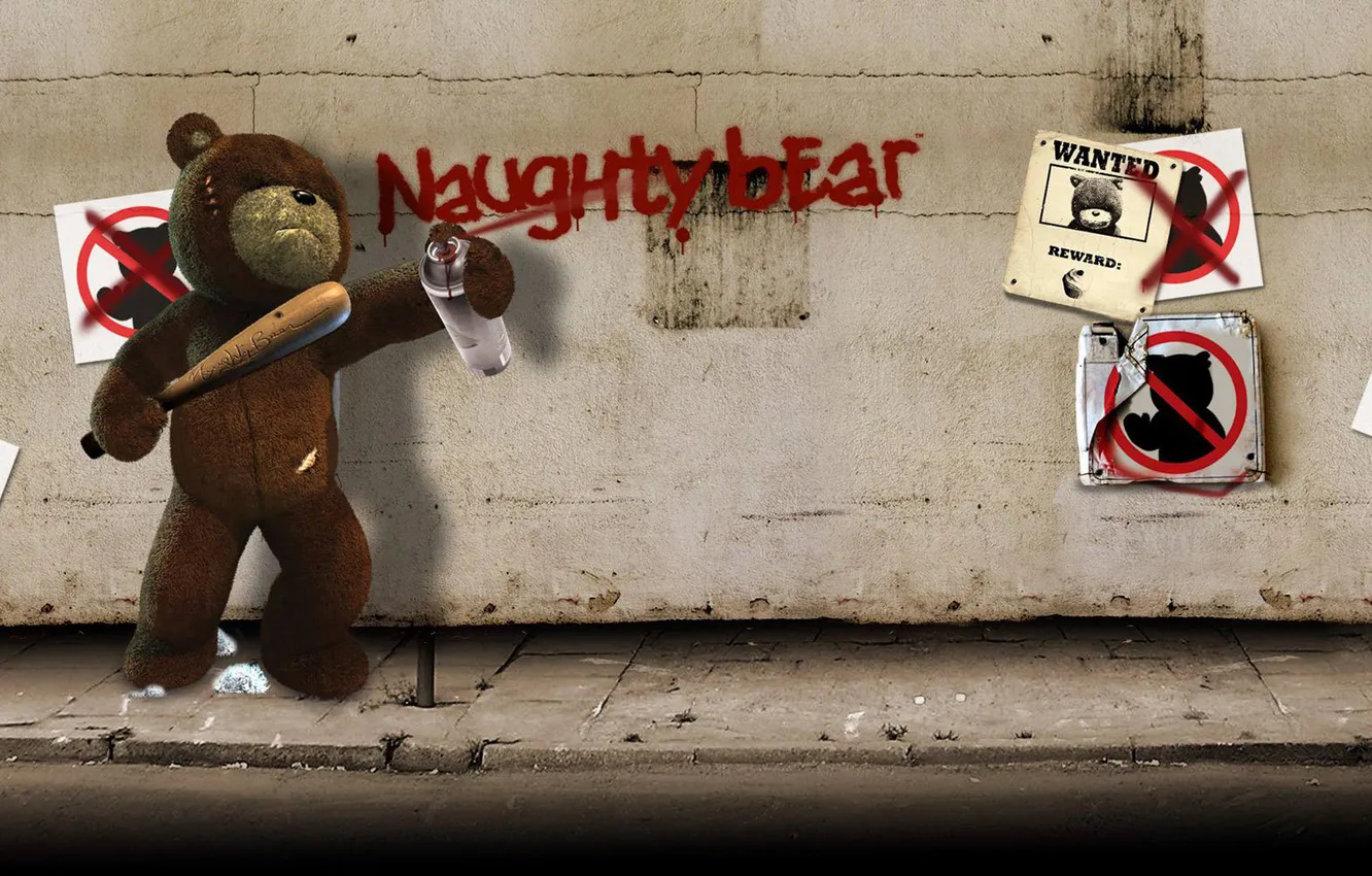 Фото обои надписи, стена, медведь, злой, баллончик, бита, листовки, Naughty Bear