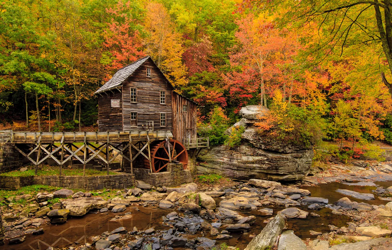 Фото обои осень, США, Babcock State Park, водяная мельница, New River Gorge, округ Фейетт, штат Западная Виргиния