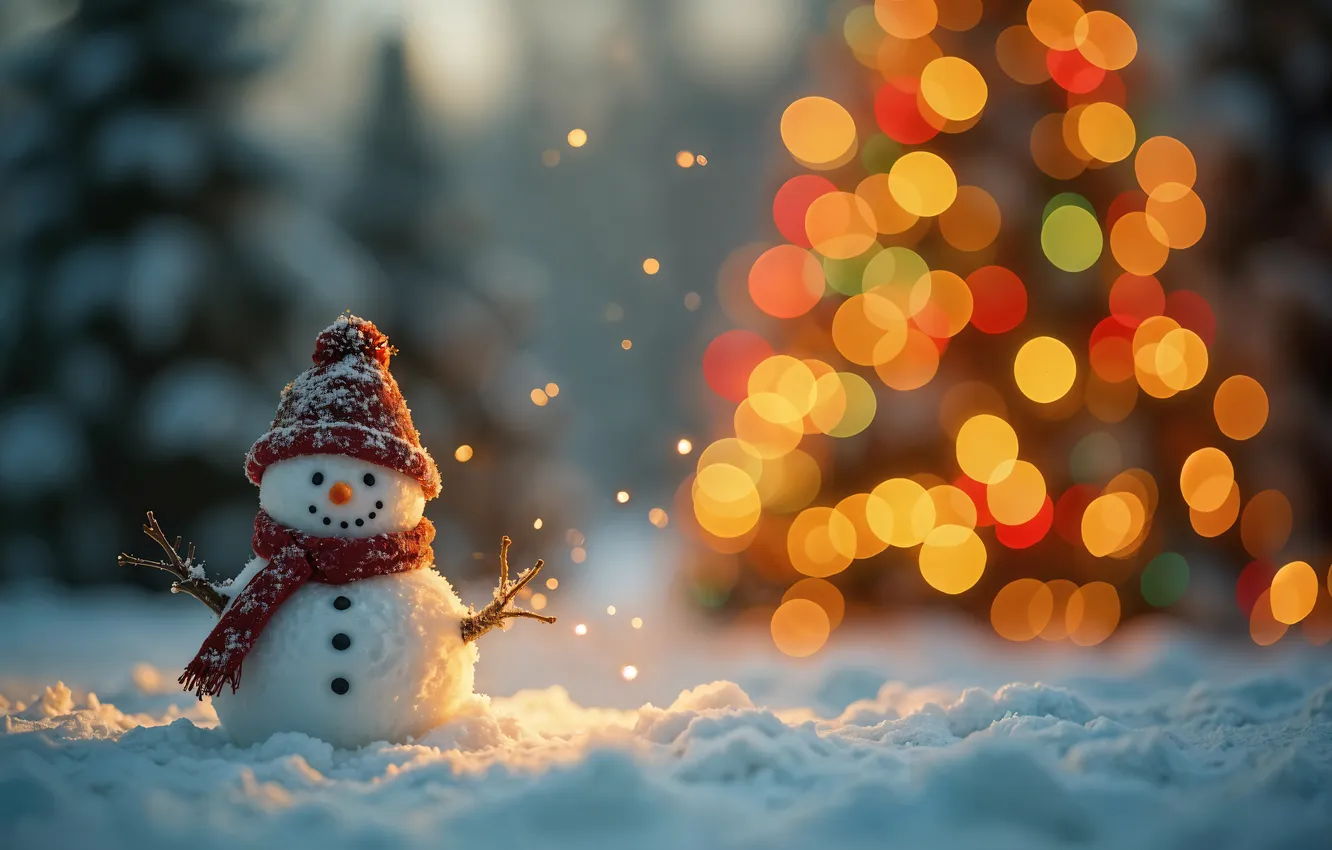 Фото обои зима, снег, Рождество, Новый год, снеговик, Christmas, winter, snow