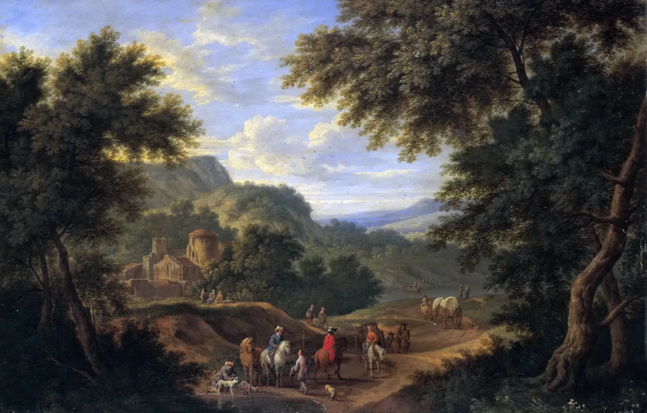 Фото обои деревья, люди, картина, Адриан Франс Будевинс, Пейзаж с Путниками