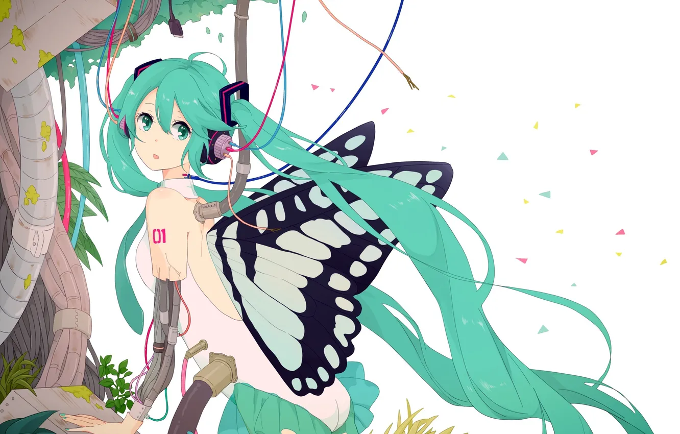 Фото обои листья, девушка, провода, робот, крылья, наушники, арт, vocaloid